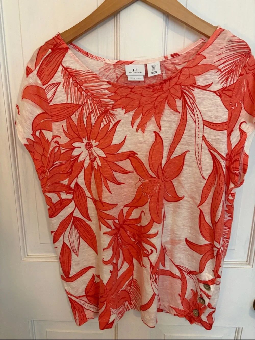 H Halston Floral coral and cream linen top size large like new - Picture 1 of 4
